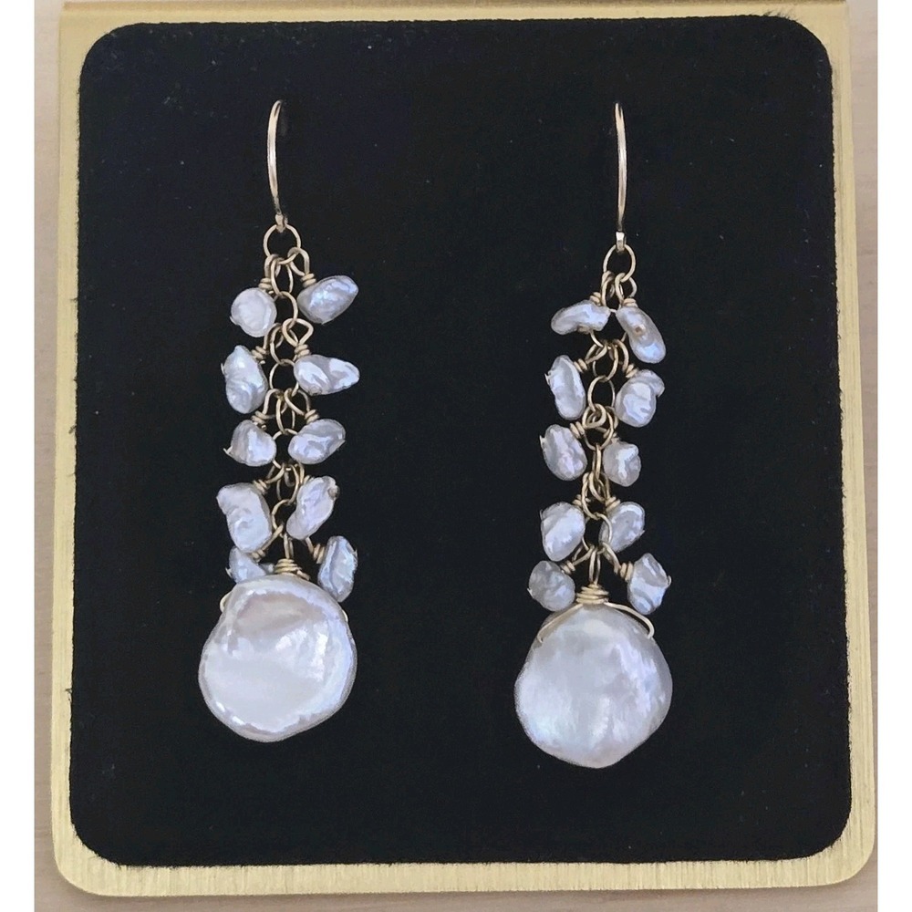 Rhoda J Coin Natural Pearl Keshi Pearl 14k Filled Sterling Dangle Earrings Beach